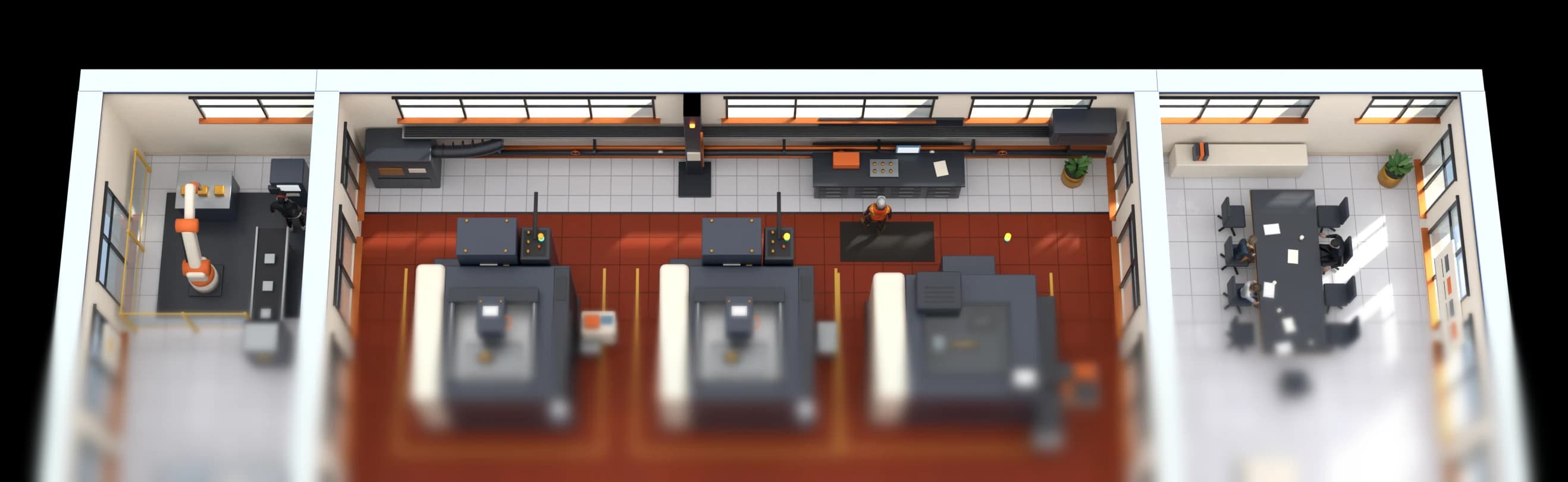 An overhead view of a manufacturing floor with connected CNC machines and workstations
