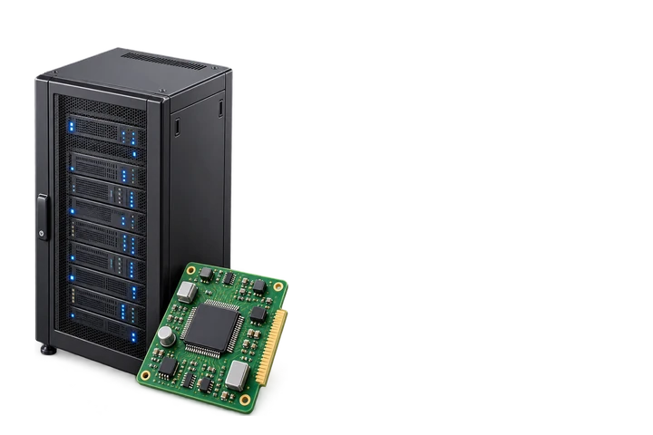 Circuit board with a chip beside a server rack