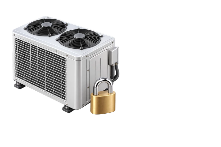 Rooftop AC unit beside a brass padlock