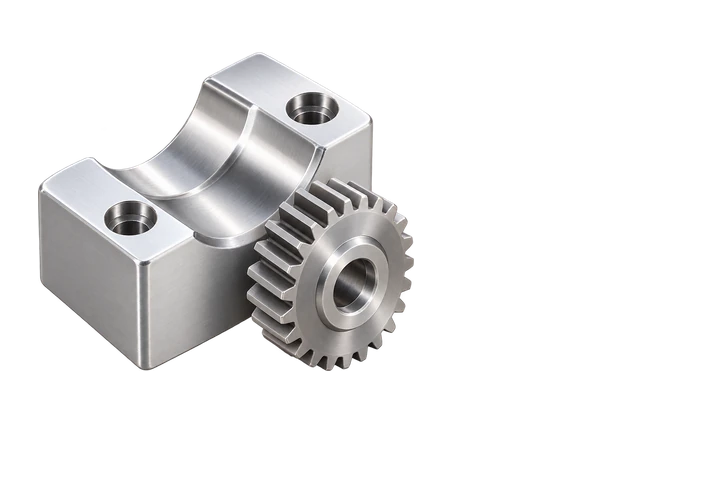 Machined steel block with a bore beside a spur gear