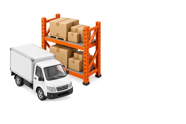 Pallet rack with cartons beside a box truck